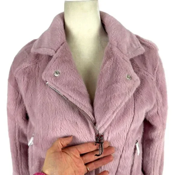 Juicy Couture Blush Pink Faux Fur Plush Moto Jacket Alexa Crop Size Small NWT